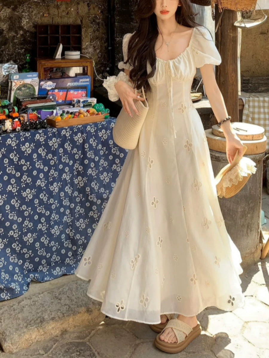 French Square Neck Puff - Sleeve Hollow - Out Dress, Beige Waist - Cinching Fairy Maxi Dress (Sizes S - XL)