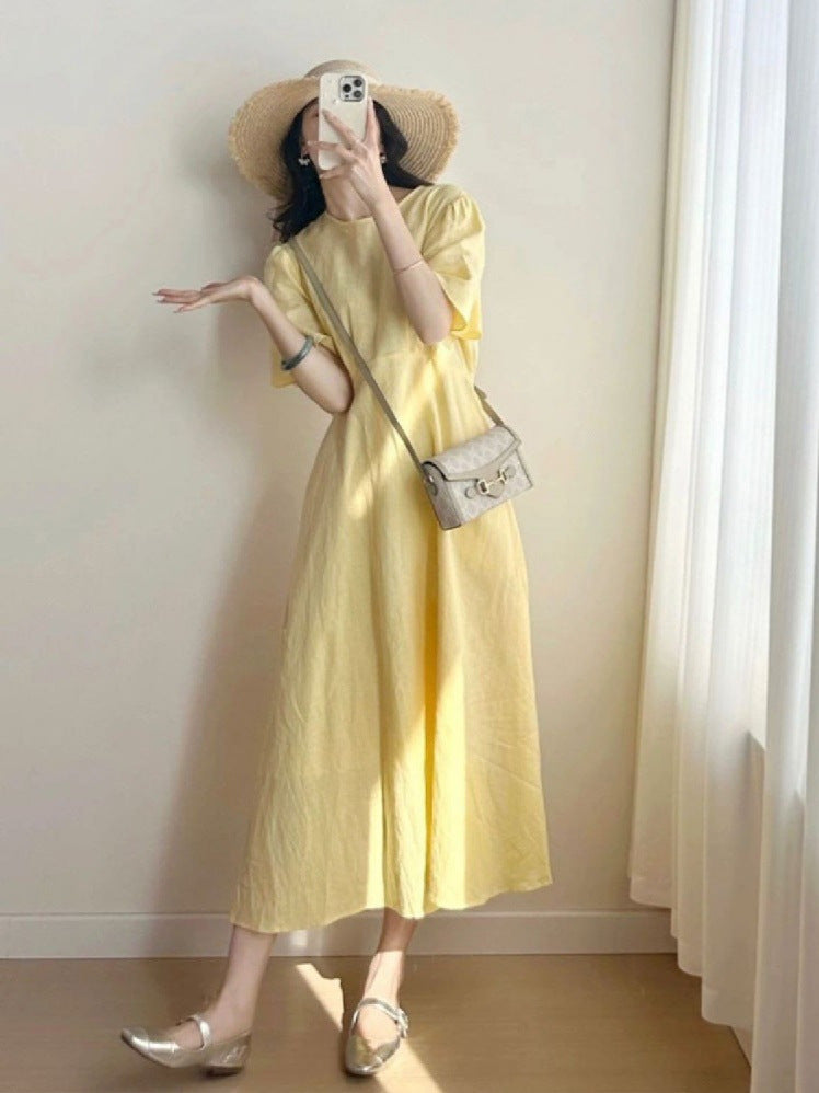 French Puff - Sleeve Yellow Dress, Loose Linen - Like Long Fairy Dress (Sizes S - XL)