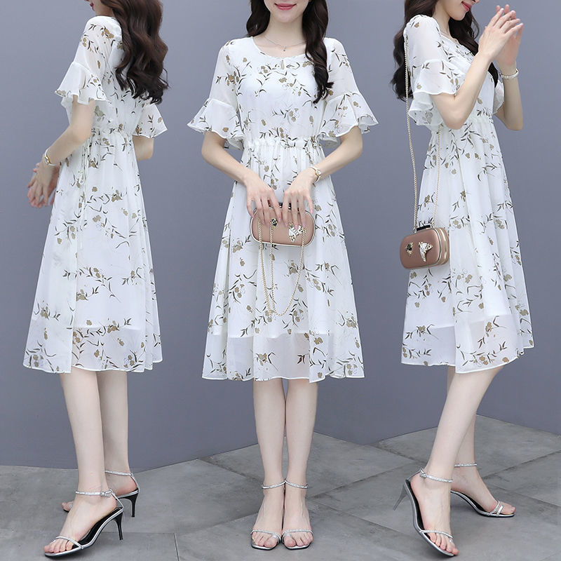 Fresh Floral Chiffon Dress, Ruffle - Short - Sleeve Waist - Cinching Midi Dress (Sizes S - XL)