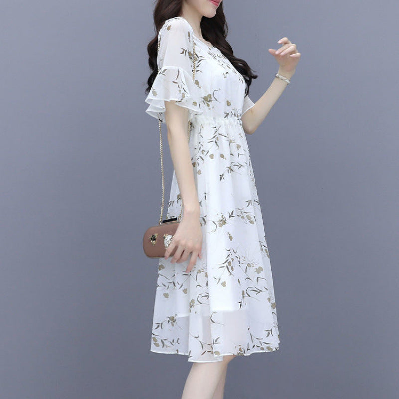Fresh Floral Chiffon Dress, Ruffle - Short - Sleeve Waist - Cinching Midi Dress (Sizes S - XL)