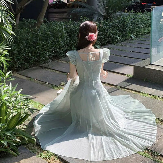 Fairy - Style Square Neck Flutter - Sleeve Dress, Mint Green Waist - Cinching Maxi Tulle Dress (Sizes S - XL)