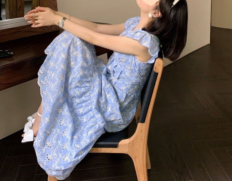 Fresh Blue - White Floral Dress, Hollow - Out Embroidered V - Neck Flutter - Sleeve Maxi Dress (Sizes S - XL)