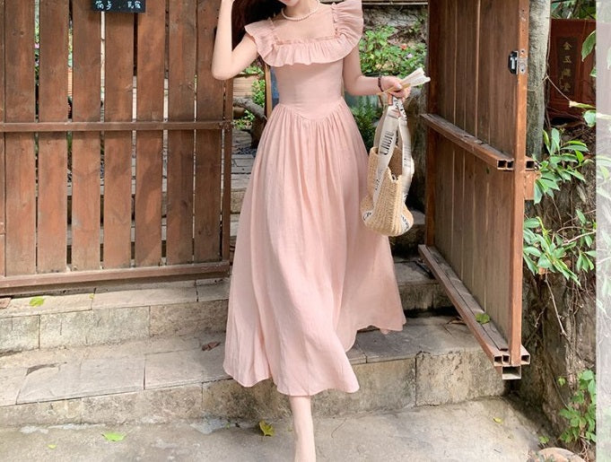French Retro Square Neck Ruffle Dress, Light Pink Waist - Cinching Maxi Dress (Sizes S - XL)