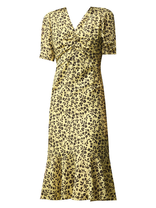 French Floral Mermaid Dress, Waist - Slimming V - Neck Midi Tea - Length Dress (Sizes S - XL)