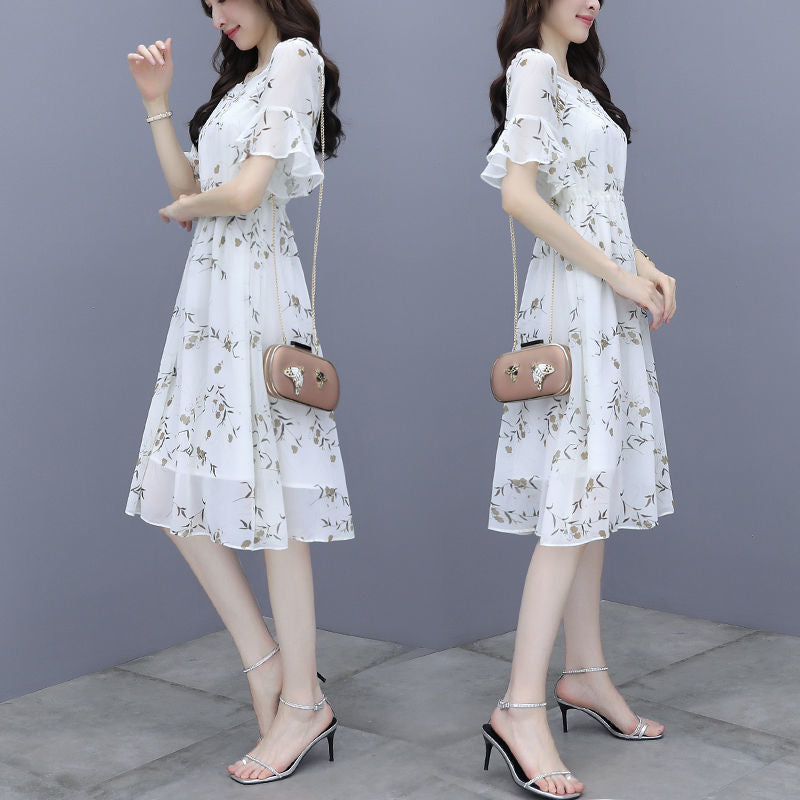 Fresh Floral Chiffon Dress, Ruffle - Short - Sleeve Waist - Cinching Midi Dress (Sizes S - XL)