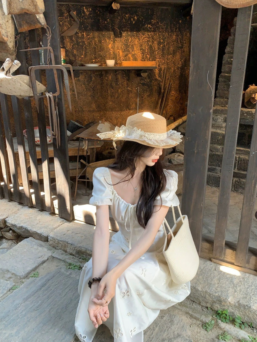 French Square Neck Puff - Sleeve Hollow - Out Dress, Beige Waist - Cinching Fairy Maxi Dress (Sizes S - XL)