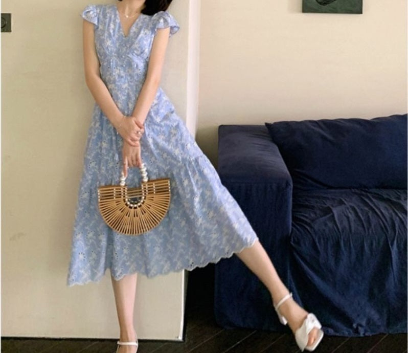Fresh Blue - White Floral Dress, Hollow - Out Embroidered V - Neck Flutter - Sleeve Maxi Dress (Sizes S - XL)