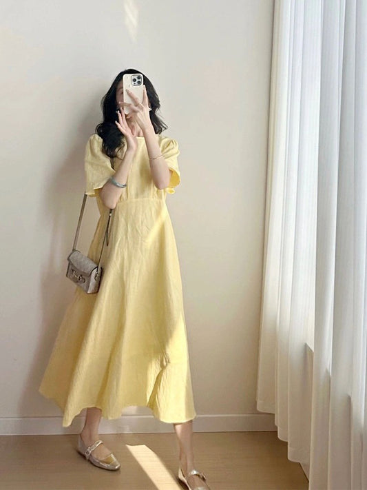 French Puff - Sleeve Yellow Dress, Loose Linen - Like Long Fairy Dress (Sizes S - XL)