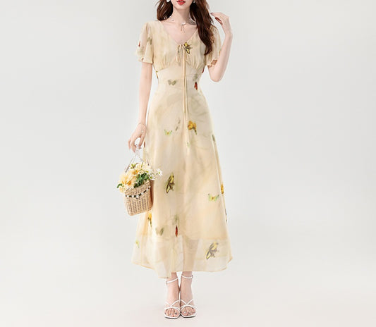 French Butterfly - Printed Chiffon Maxi Dress, Deep V - Neck Tie - Up Waist Fairy Dress (Sizes S - XL)