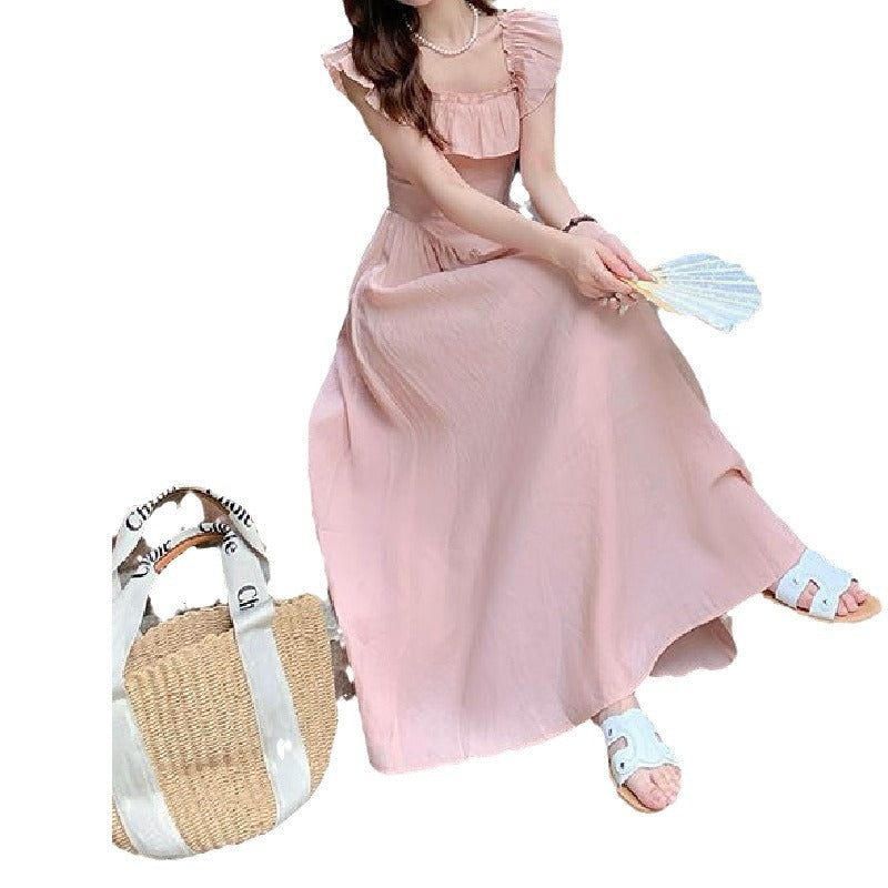 French Retro Square Neck Ruffle Dress, Light Pink Waist - Cinching Maxi Dress (Sizes S - XL)