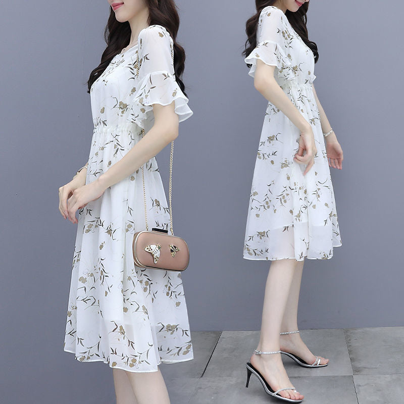 Fresh Floral Chiffon Dress, Ruffle - Short - Sleeve Waist - Cinching Midi Dress (Sizes S - XL)