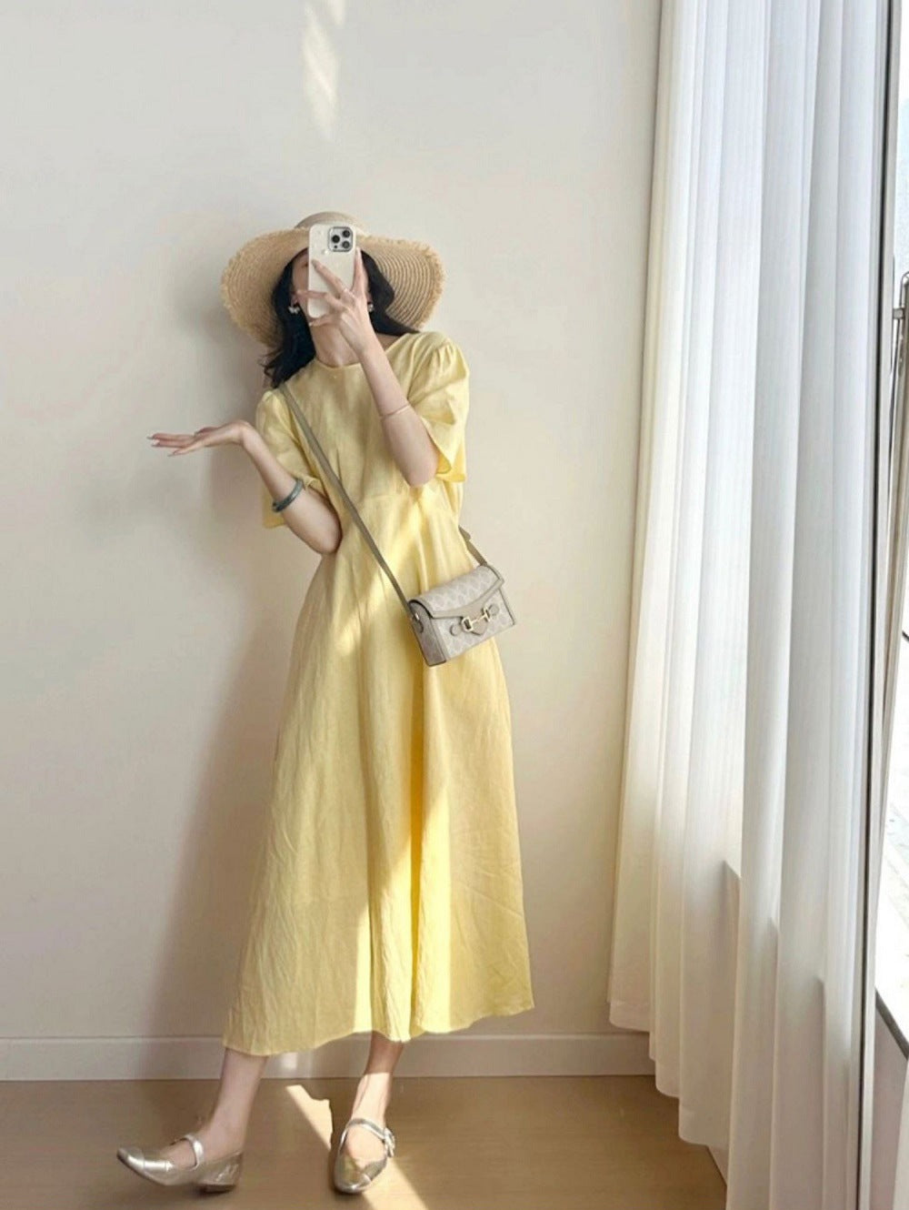 French Puff - Sleeve Yellow Dress, Loose Linen - Like Long Fairy Dress (Sizes S - XL)