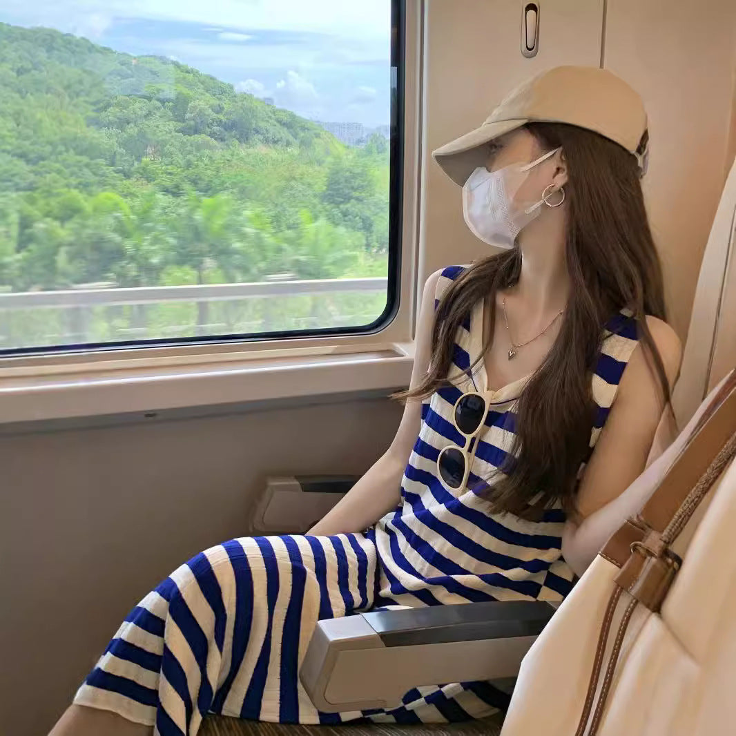 Striped Sleeveless Knitted Dress, Blue - White Nautical - Style Slimming Maxi Dress (Sizes S - XL)