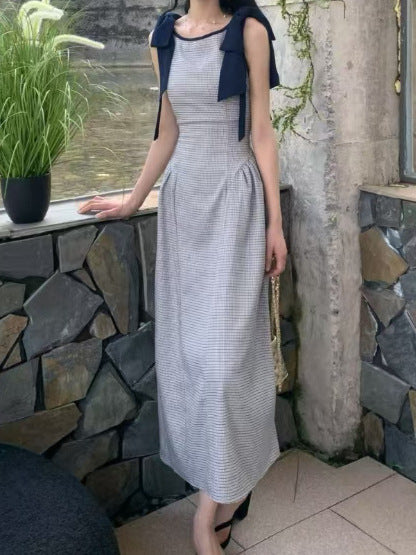 Vintage Checkered Ribbon Sleeveless Dress, Waist - Cinching Elegant Maxi Dress (Sizes S - XL)