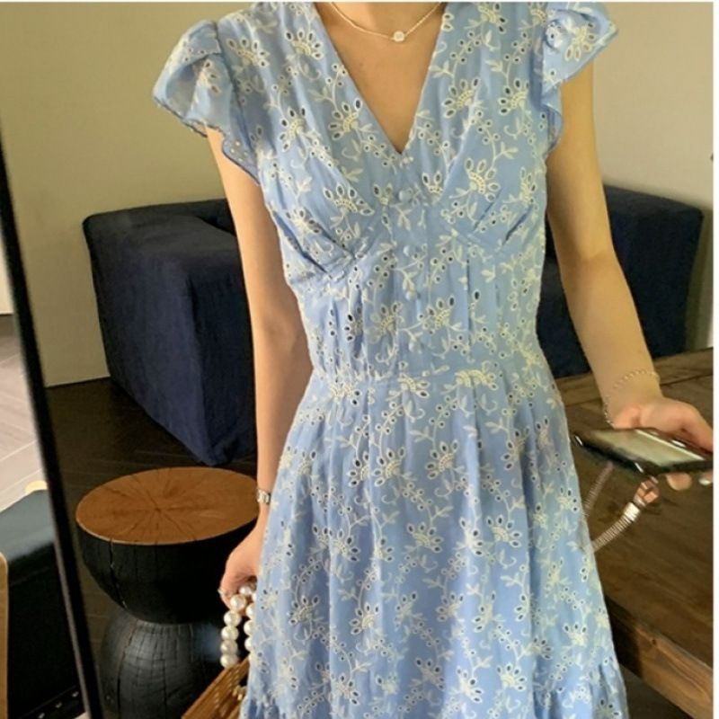Fresh Blue - White Floral Dress, Hollow - Out Embroidered V - Neck Flutter - Sleeve Maxi Dress (Sizes S - XL)