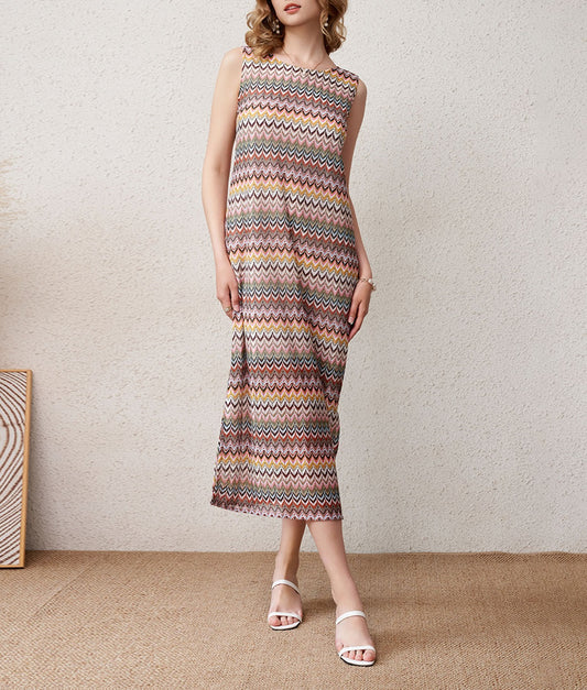 Colorful Wave - Patterned Sleeveless Knitted Dress, Loose and Slimming Long - Length Vacation Dress (Sizes S - XL)