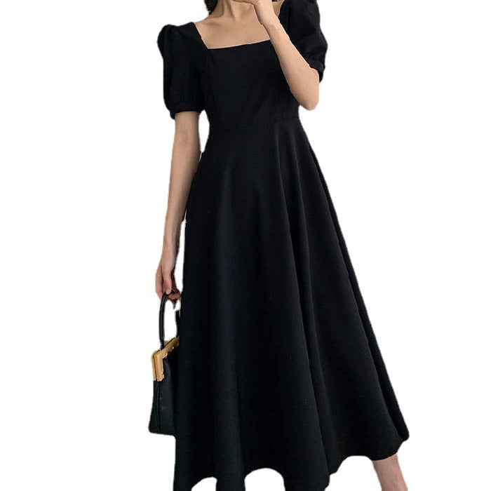 French Square Neck Puff Sleeve Black Dress, Waist - Slimming Elegant Hepburn - Style Maxi Dress (Sizes S - XL)