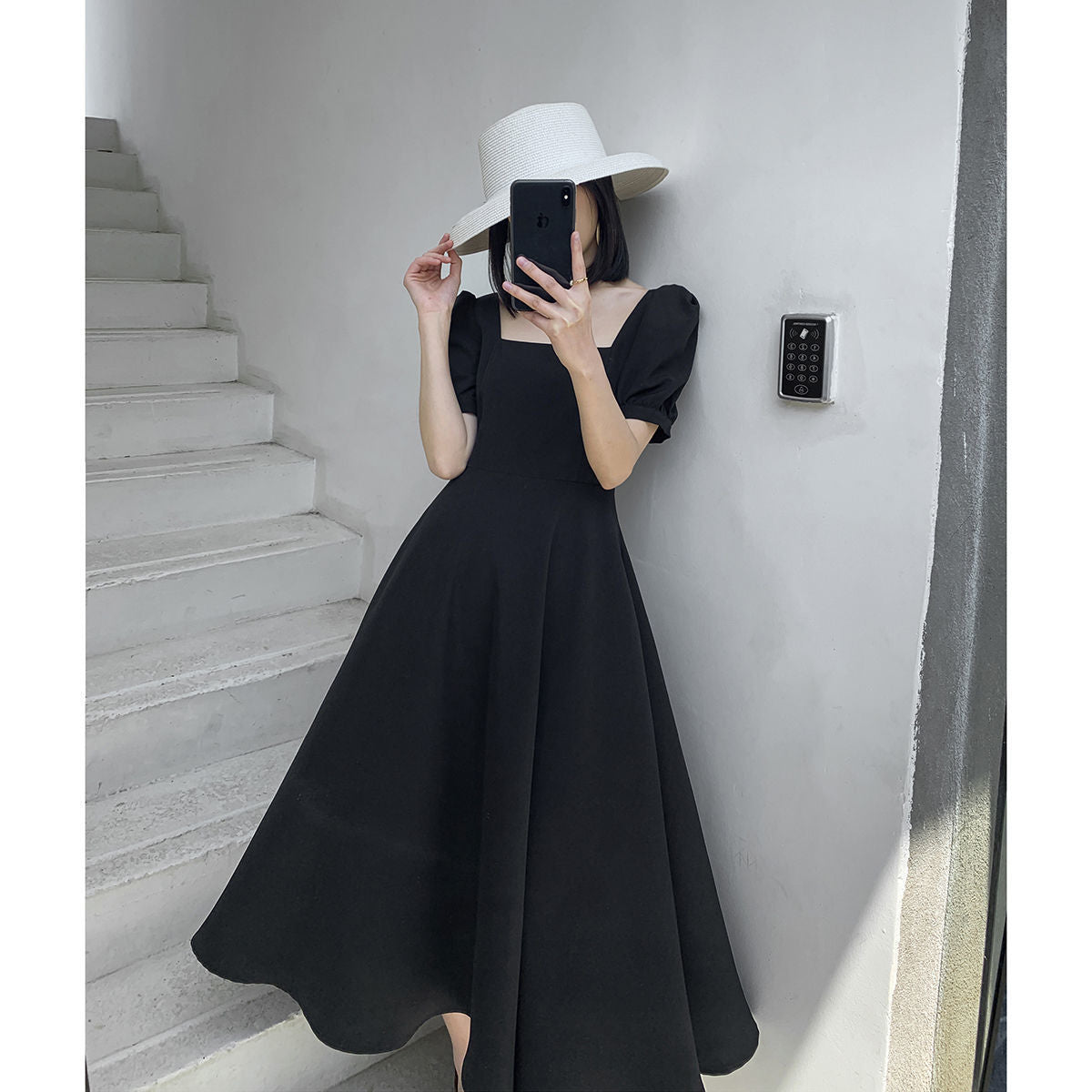 French Square Neck Puff Sleeve Black Dress, Waist - Slimming Elegant Hepburn - Style Maxi Dress (Sizes S - XL)