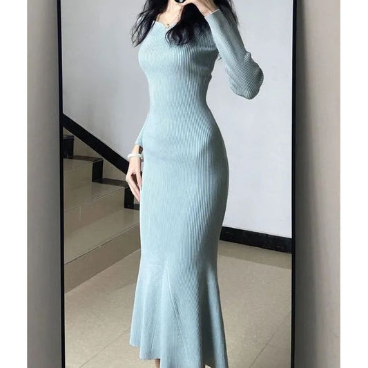 Elegant Square Neck Knitted Dress, Slim - Fitting Mermaid Hem Dress (Sizes S - XL)