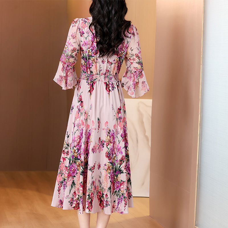 French Romantic Printed Dress, V - Neck Waist - Cinching Flared - Sleeve Midi Dress (Sizes S - XL)