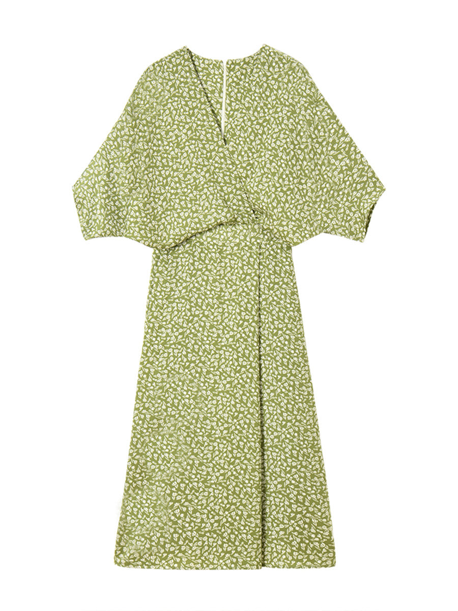 French Floral V - Neck Batwing Sleeve Dress, Retro Waist - Cinching Midi Dress (Sizes S - XL)