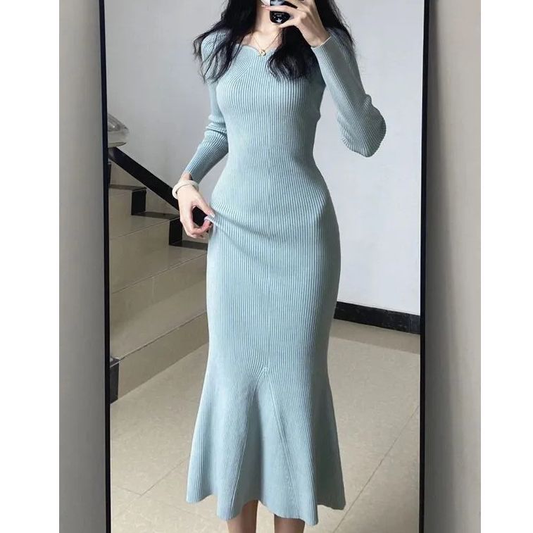 Elegant Square Neck Knitted Dress, Slim - Fitting Mermaid Hem Dress (Sizes S - XL)