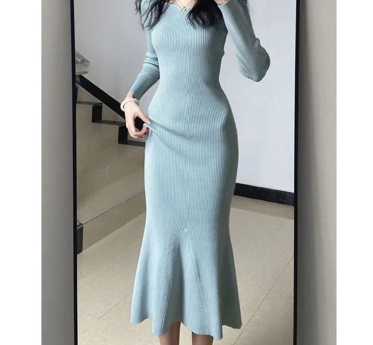 Elegant Square Neck Knitted Dress, Slim - Fitting Mermaid Hem Dress (Sizes S - XL)