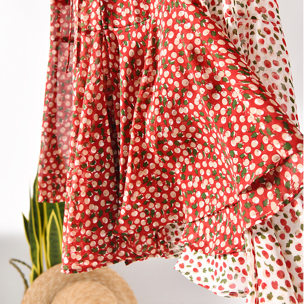 Vintage Cherry - Printed Dress, French V - Neck Slit Ruffle Tea - Length Dress (Sizes S - XL)