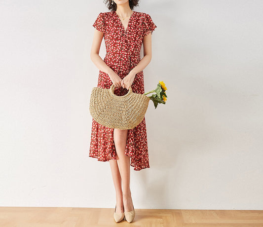 Vintage Cherry - Printed Dress, French V - Neck Slit Ruffle Tea - Length Dress (Sizes S - XL)