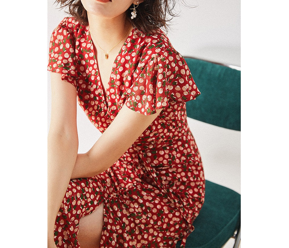 Vintage Cherry - Printed Dress, French V - Neck Slit Ruffle Tea - Length Dress (Sizes S - XL)