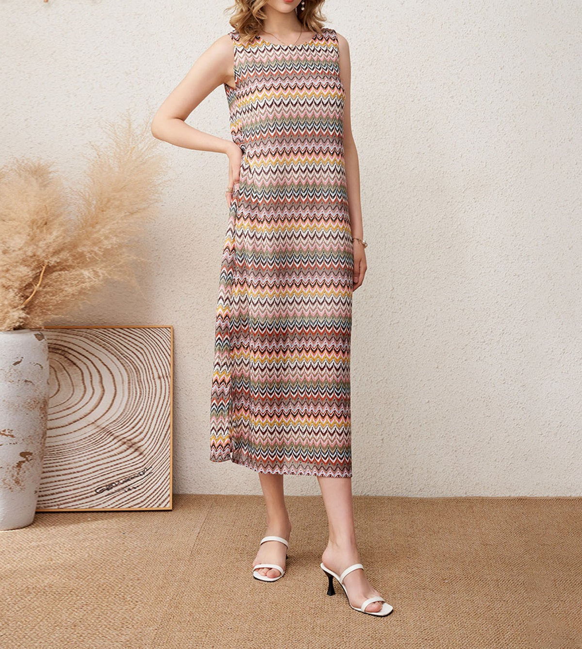 Colorful Wave - Patterned Sleeveless Knitted Dress, Loose and Slimming Long - Length Vacation Dress (Sizes S - XL)