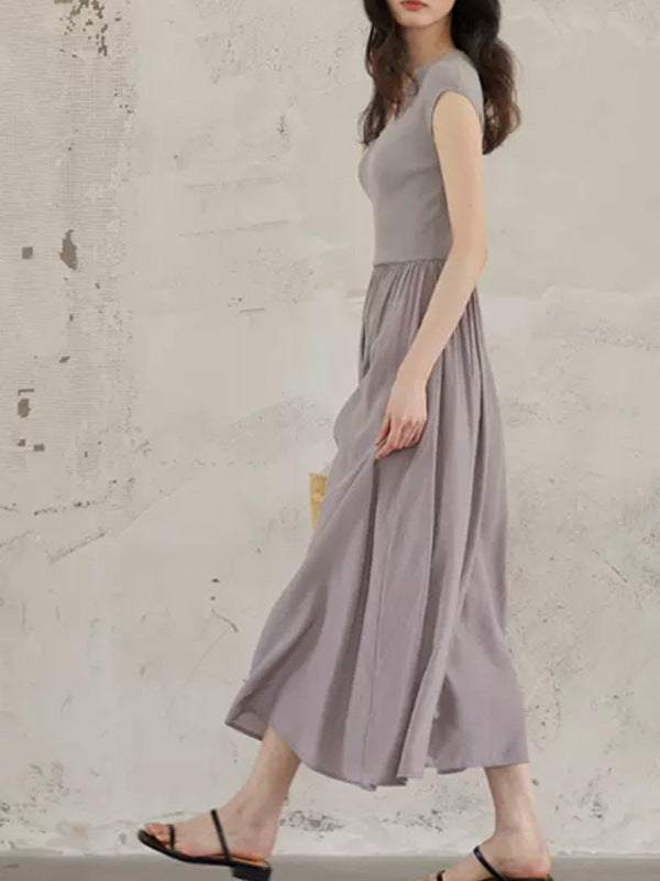 Simple V - Neck Patchwork Dress, Light Gray Slim - Fitting Knitted Top + Maxi Skirt with Large Hem (Sizes S - XL)