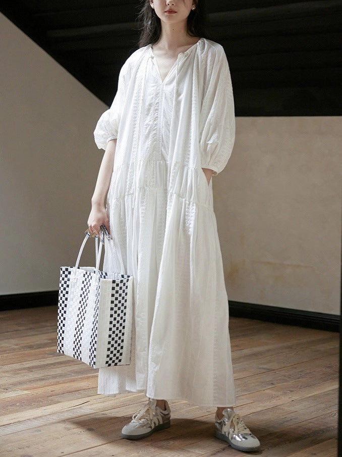 Literary Loose V - Neck Dress, White Embroidered Lantern - Sleeve Maxi Dress (Sizes S - XL)