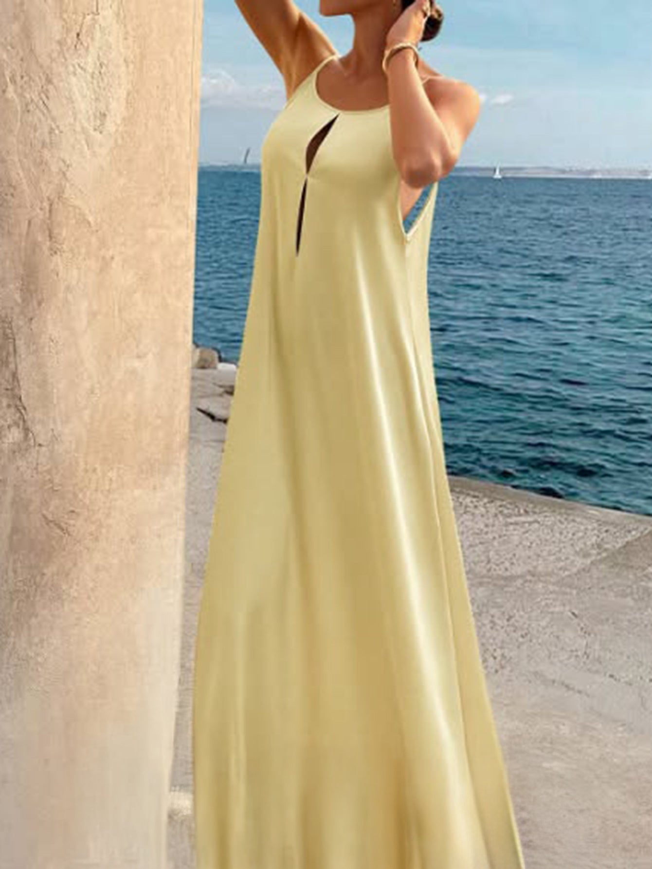 Resort - Style Sexy Open - Back Slip Dress,  Yellow Draping Maxi Dress (Sizes S - XL)