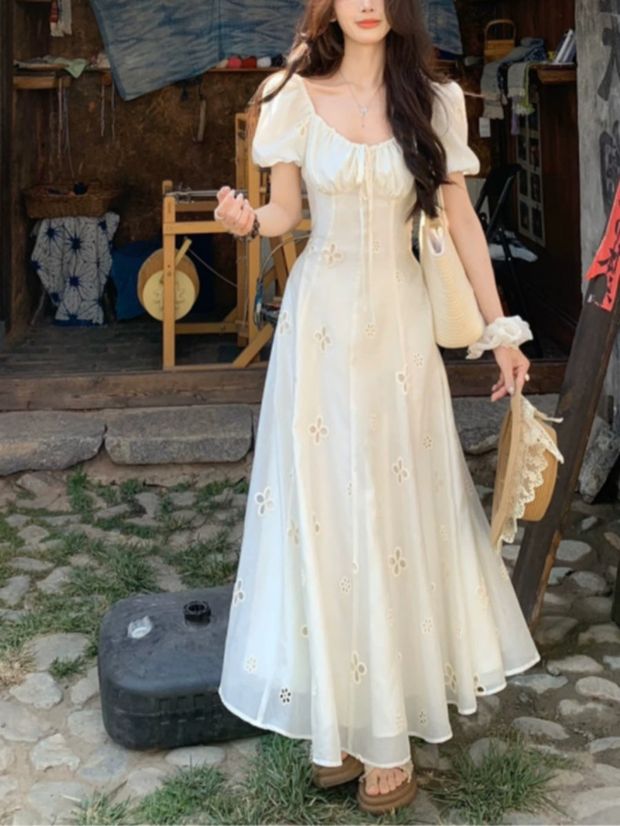 French Square Neck Puff - Sleeve Hollow - Out Dress, Beige Waist - Cinching Fairy Maxi Dress (Sizes S - XL)