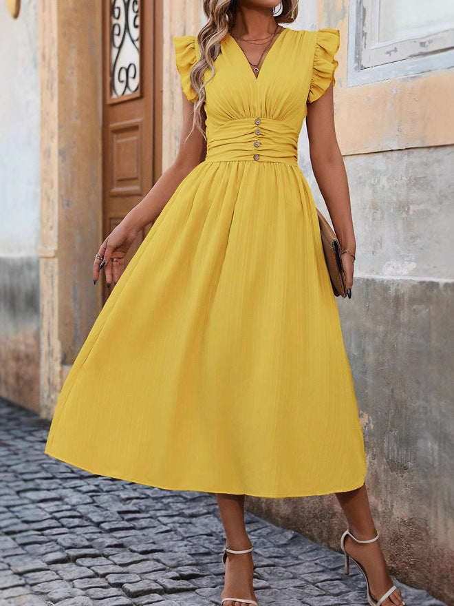 French Retro V - Neck Waist - Cinching Dress, Yellow Ruffle - Sleeve Midi Dress (Sizes S - XL)