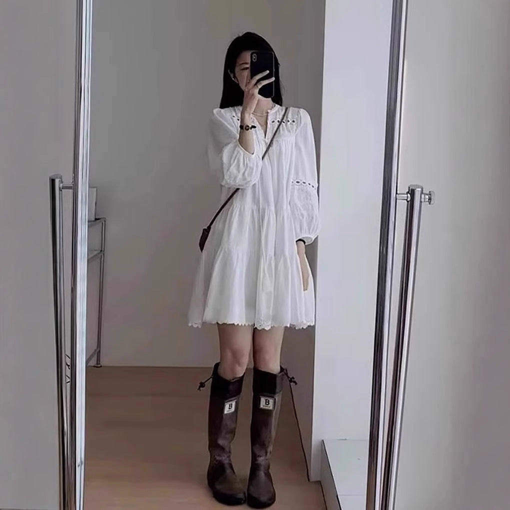 Sweet Lace - Cutout White Dress, Lantern - Sleeve Loose Age - Reducing Short Dress (Sizes S - XL)