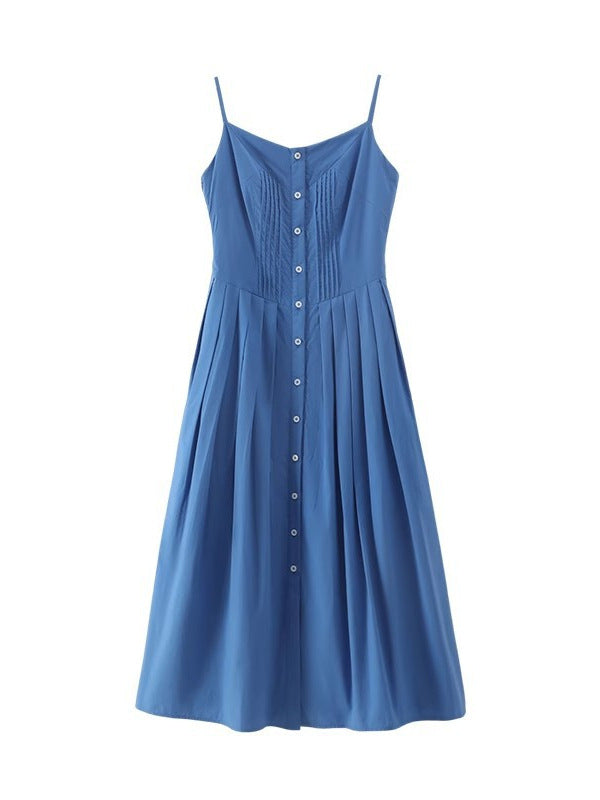 French Retro Single - Row - Button Slip Dress, Blue Waist - Cinching Midi Dress (Sizes S - XL)
