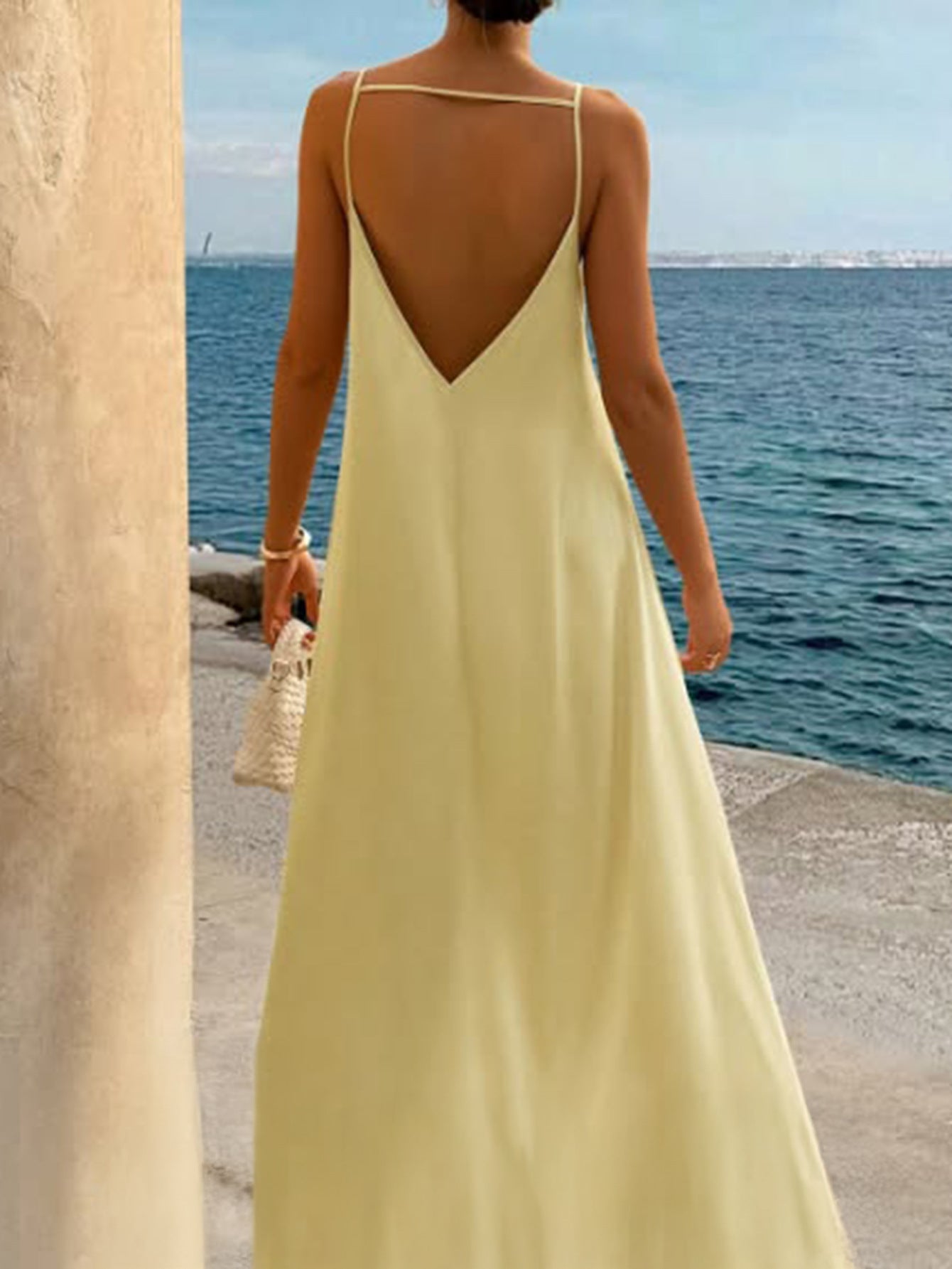 Resort - Style Sexy Open - Back Slip Dress,  Yellow Draping Maxi Dress (Sizes S - XL)