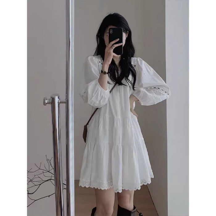 Sweet Lace - Cutout White Dress, Lantern - Sleeve Loose Age - Reducing Short Dress (Sizes S - XL)