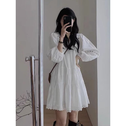 Sweet Lace - Cutout White Dress, Lantern - Sleeve Loose Age - Reducing Short Dress (Sizes S - XL)