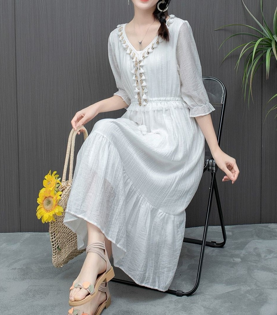 Literary V - Neck Tassel - Decorated Dress, White Waist - Cinching Midi Fairy Dress (Sizes S - XL)