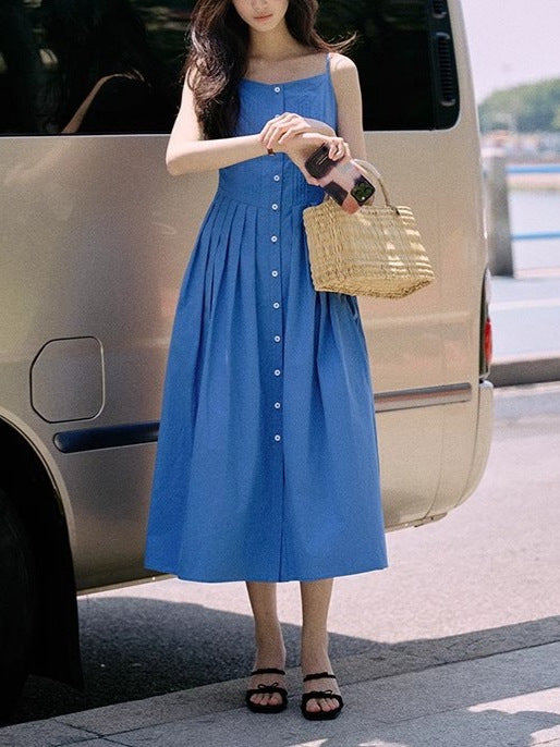 French Retro Single - Row - Button Slip Dress, Blue Waist - Cinching Midi Dress (Sizes S - XL)