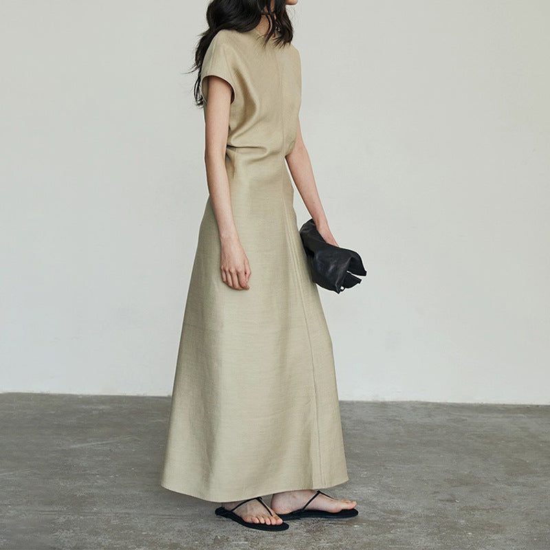 Minimalist Linen - Blended Dress, Khaki Short - Sleeve Long Straight Dress (Sizes S - XL)