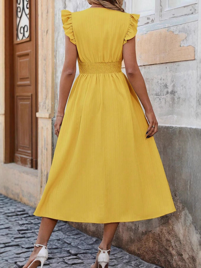 French Retro V - Neck Waist - Cinching Dress, Yellow Ruffle - Sleeve Midi Dress (Sizes S - XL)