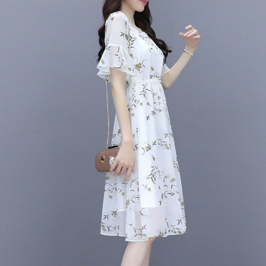 Fresh Floral Chiffon Dress, Ruffle - Short - Sleeve Waist - Cinching Midi Dress (Sizes S - XL)