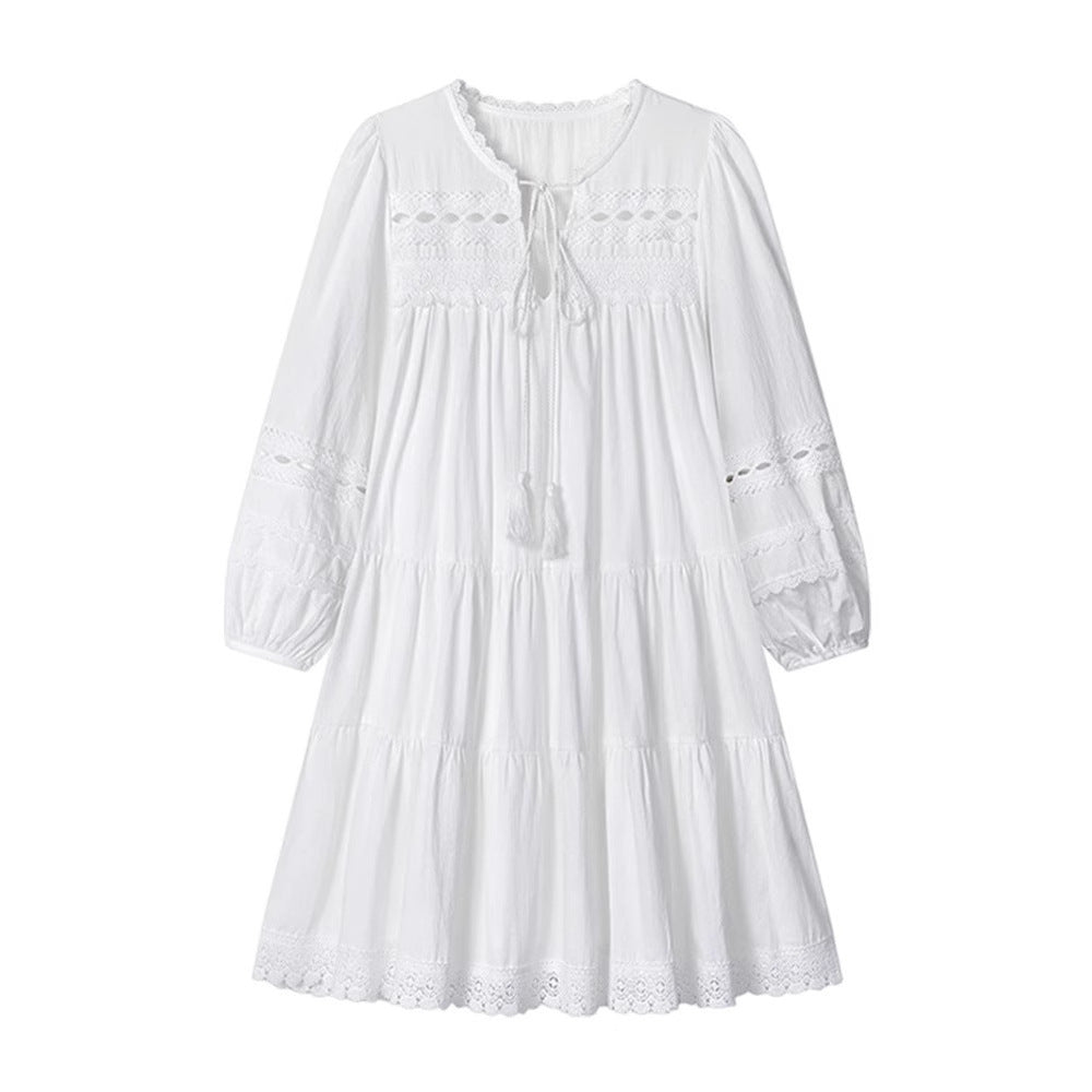 Sweet Lace - Cutout White Dress, Lantern - Sleeve Loose Age - Reducing Short Dress (Sizes S - XL)
