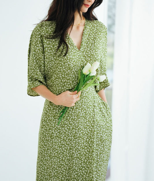 French Floral V - Neck Batwing Sleeve Dress, Retro Waist - Cinching Midi Dress (Sizes S - XL)