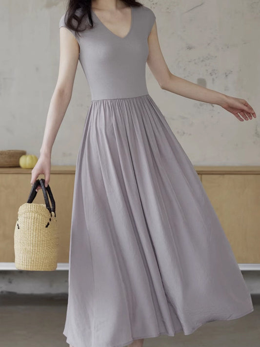 Simple V - Neck Patchwork Dress, Light Gray Slim - Fitting Knitted Top + Maxi Skirt with Large Hem (Sizes S - XL)