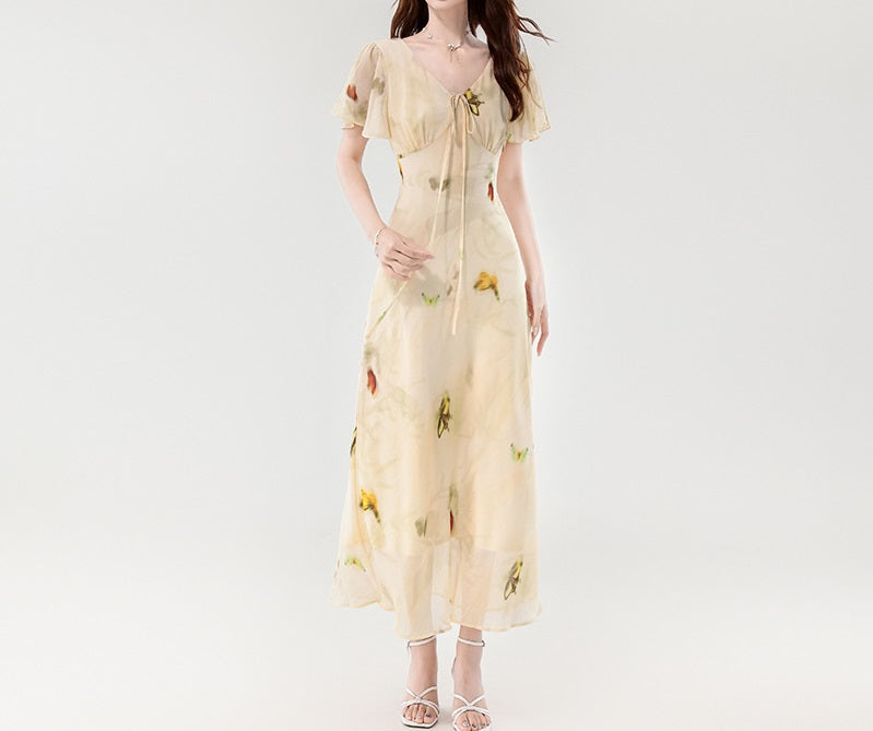 French Butterfly - Printed Chiffon Maxi Dress, Deep V - Neck Tie - Up Waist Fairy Dress (Sizes S - XL)